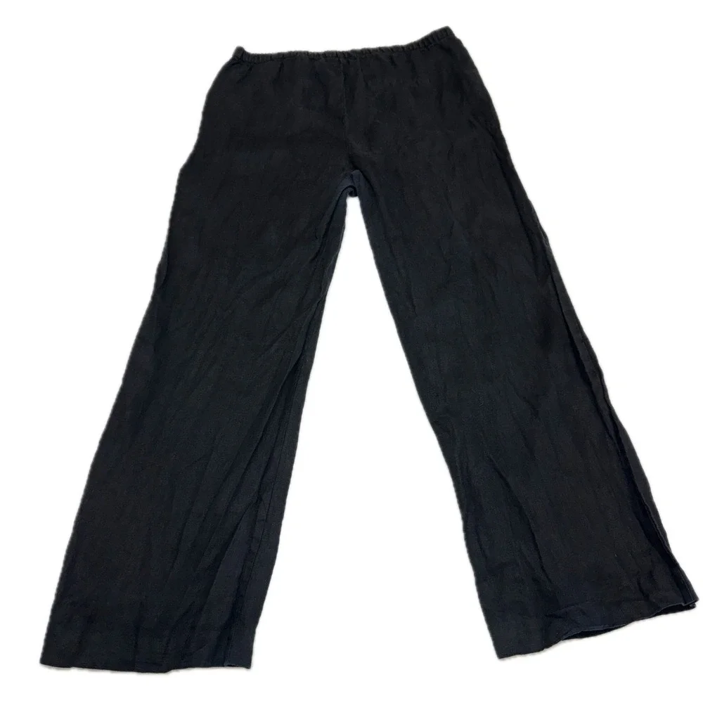 MNG Mango Pants Womens XXL Black Linen‎ Straight Leg Coastal Grandma Boho